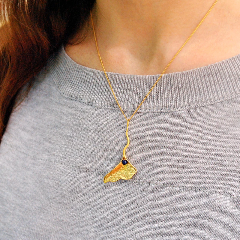 Lotus Fun Real 925 Sterling Silver Natural Lapis Handmade Fine Jewelry Ginkgo Leaf Pendant without Chain Acessorios for Women