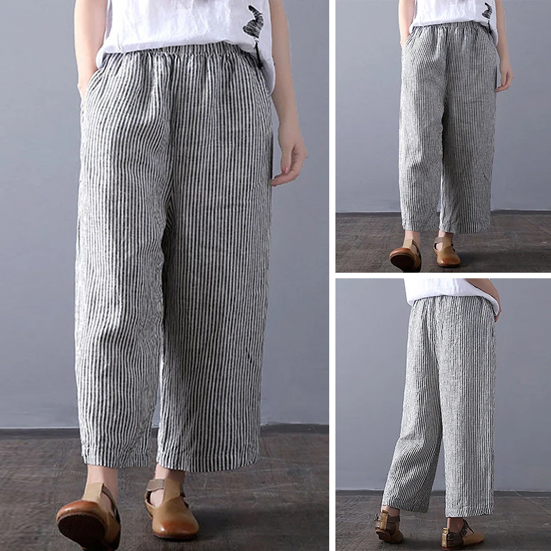 

Leisure Pants Trousers Women Ladies Casual Stripe Wide legs Oversize Elastic waist Cotton and Linen Fashionable