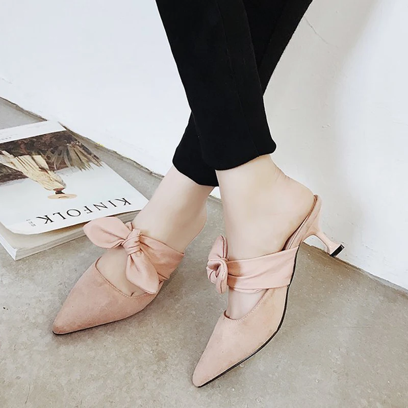 

Tangnest 2019 New Summer Mules Women High Thin Heels Slip On Butterfly-Knot Pumps Pointed Toe Slippers Lady Sweet Shoes XWZ5405