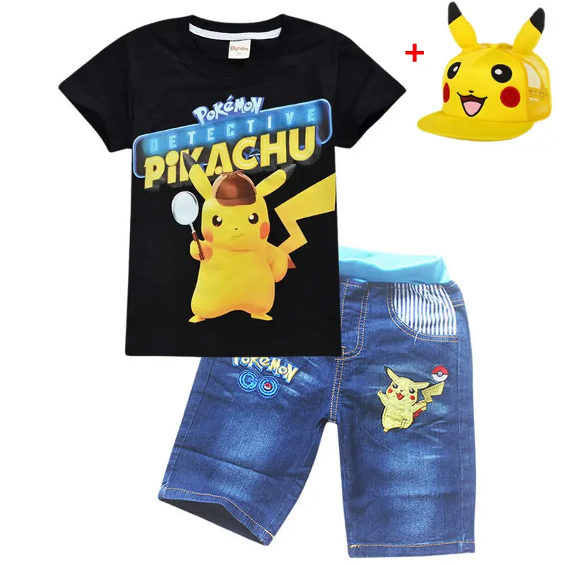 

Cartoon pokemon go pikachu detective clothes set Baby Boys T Shirt for Summer Kids Girls T-Shirts denim tshirt&shorts tops tees