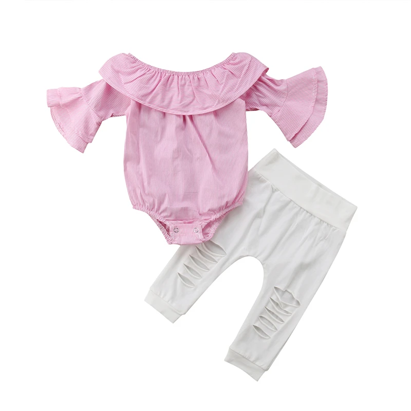 

2Pcs Girls Clothes Set Newest Infant Baby Kid Girl Flare Sleeve Striped Romper T-Shirt Tops Hole Pants Outfits Set Kids Clothing