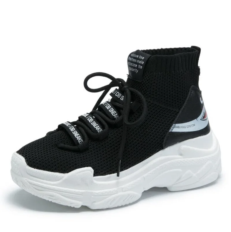 

High Top Men Women Sneakers 5 CM Thick Sole Sock Shoes Knit Vamp Breathable Dad Shoes White Black Sapato Feminino