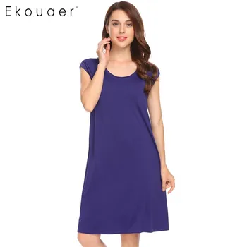 

Ekouaer Women Casual Nightgown Sleepwear O-Neck Raglan Short Sleeve Lace Trimmed With Cuff Solid Loose Sleep Dress Nightwear