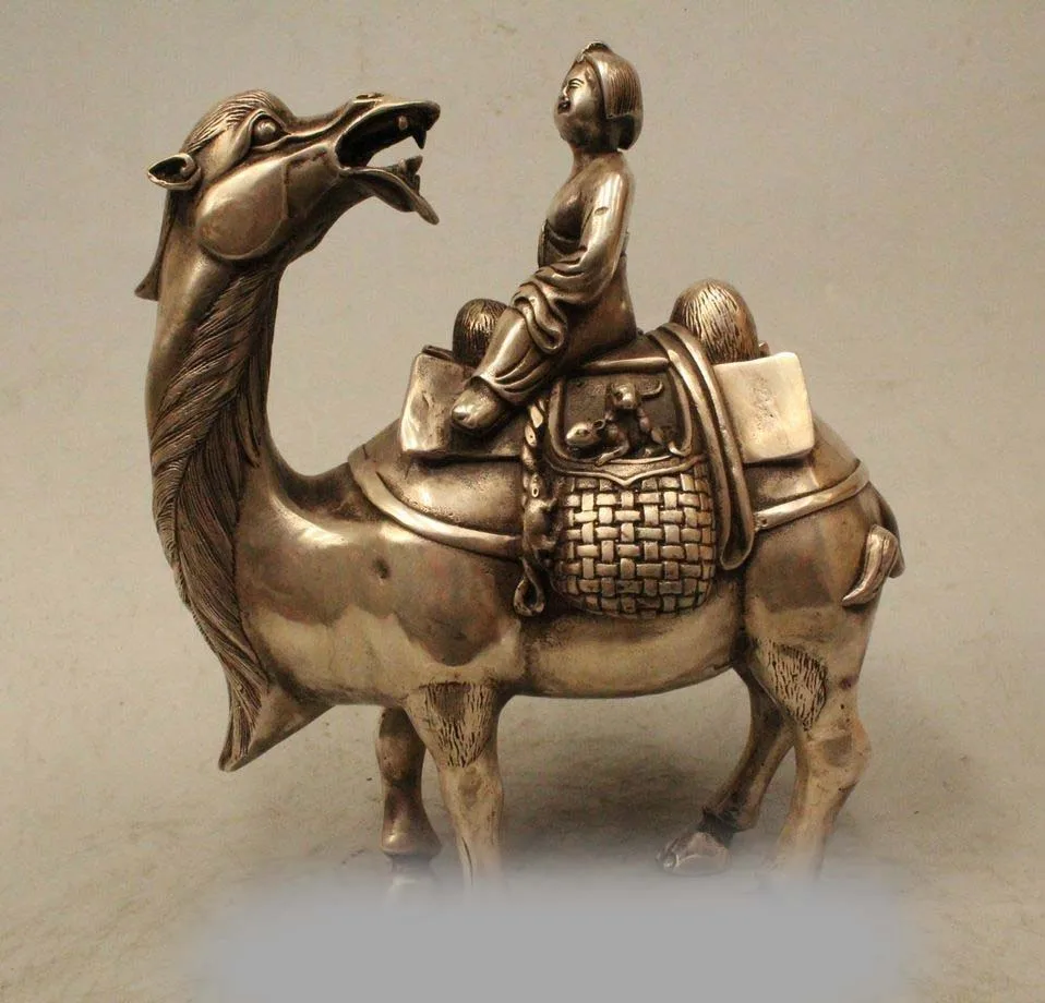 

9" Makred Chinese Dynasty Silver Belle Ride camel ship of the desert Statue