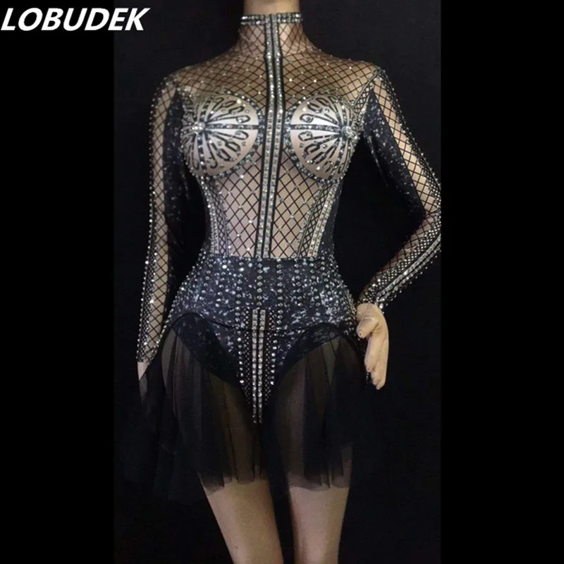 Личность 3D печатных Стразы короткое платье с длинным рукавом Bling Кристалл мини-платье для женщин ночной клуб костюм вечерние бар Вечеринка сценическая одежда