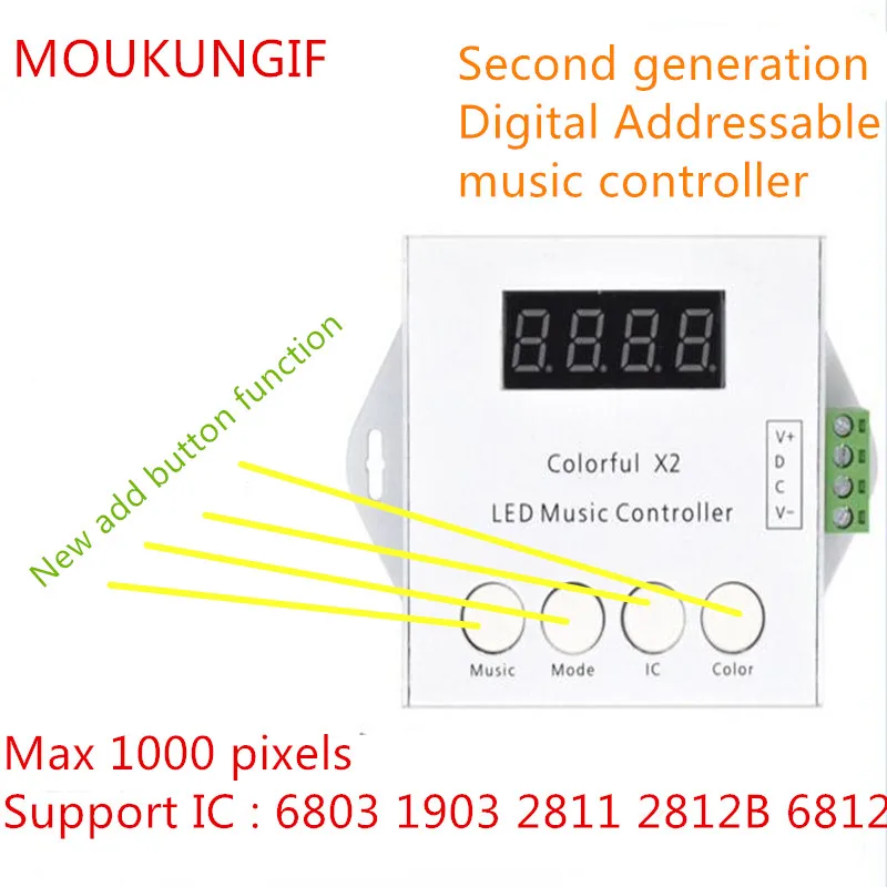 

WS2812B WS2811/WS2813/USC1903 Music Controller colorful x2 for LED Strip Modules; DC5V-24V max 1000pixels with RF Touch Remote
