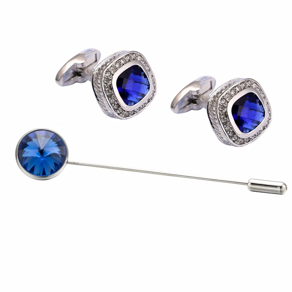 VAGULA New Style Fashion Blue Crystal Cufflink Tie Pin Set Square Silver color Men's Cuff link