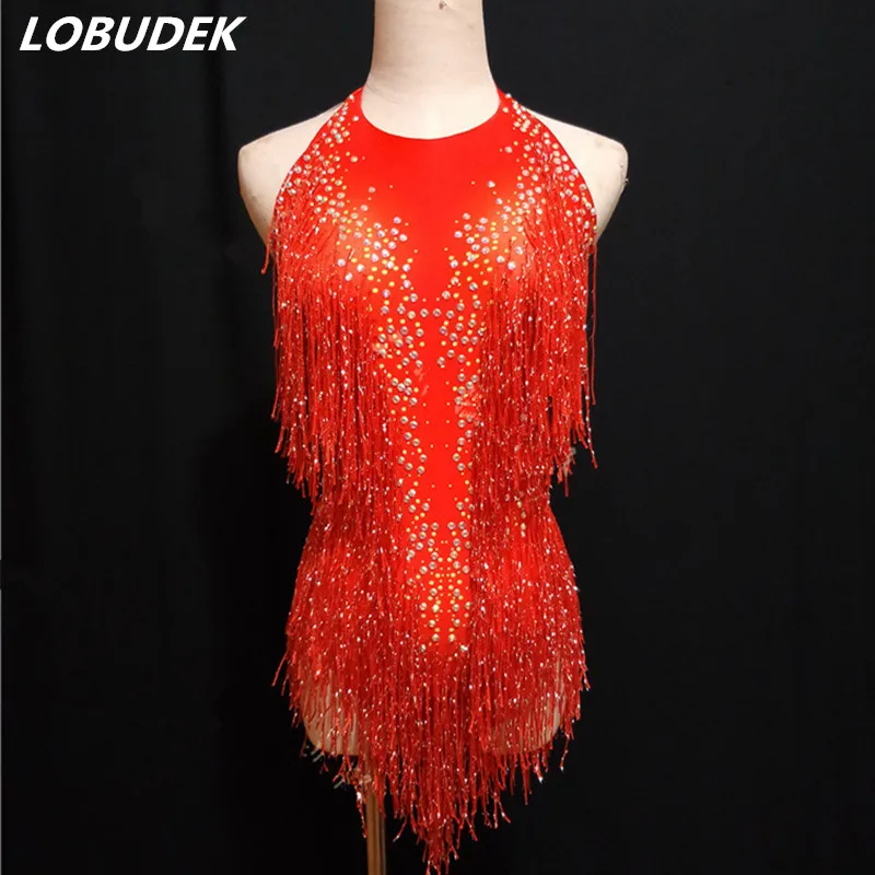 Sexy Drag Queen Women Gray Tassel Crystals Stars Bodysuit