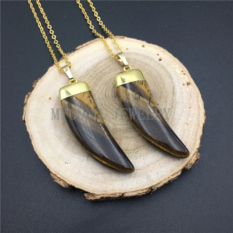 

MY0940 Flat Horn Tusk Tiger Eye Pendant Charm Gold Color Chain Necklace kolye
