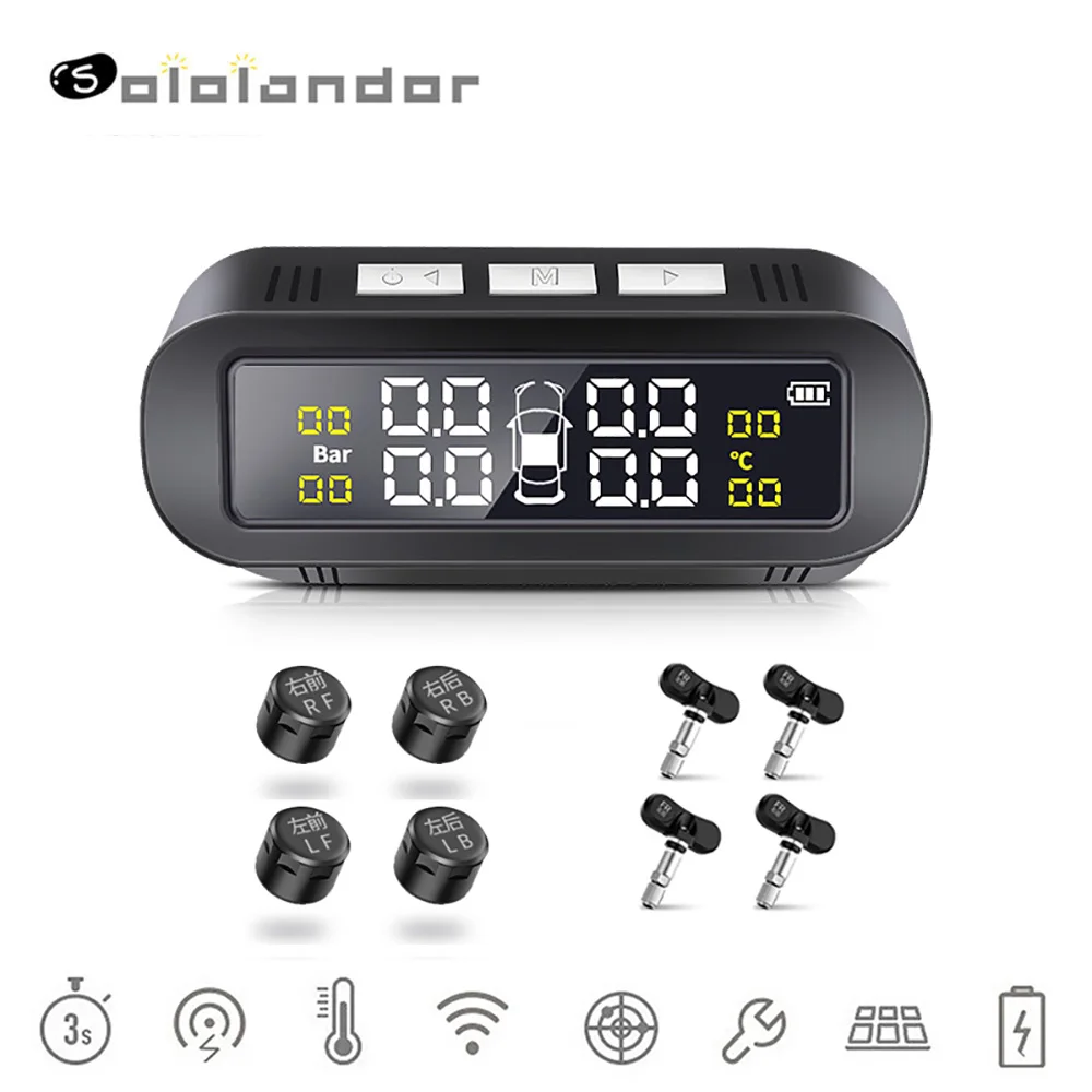 

Wireless Solar TPMS Car Tire Pressure Monitoring System Display Smart Temperature Warning External/Internal 4 Sensors tpms