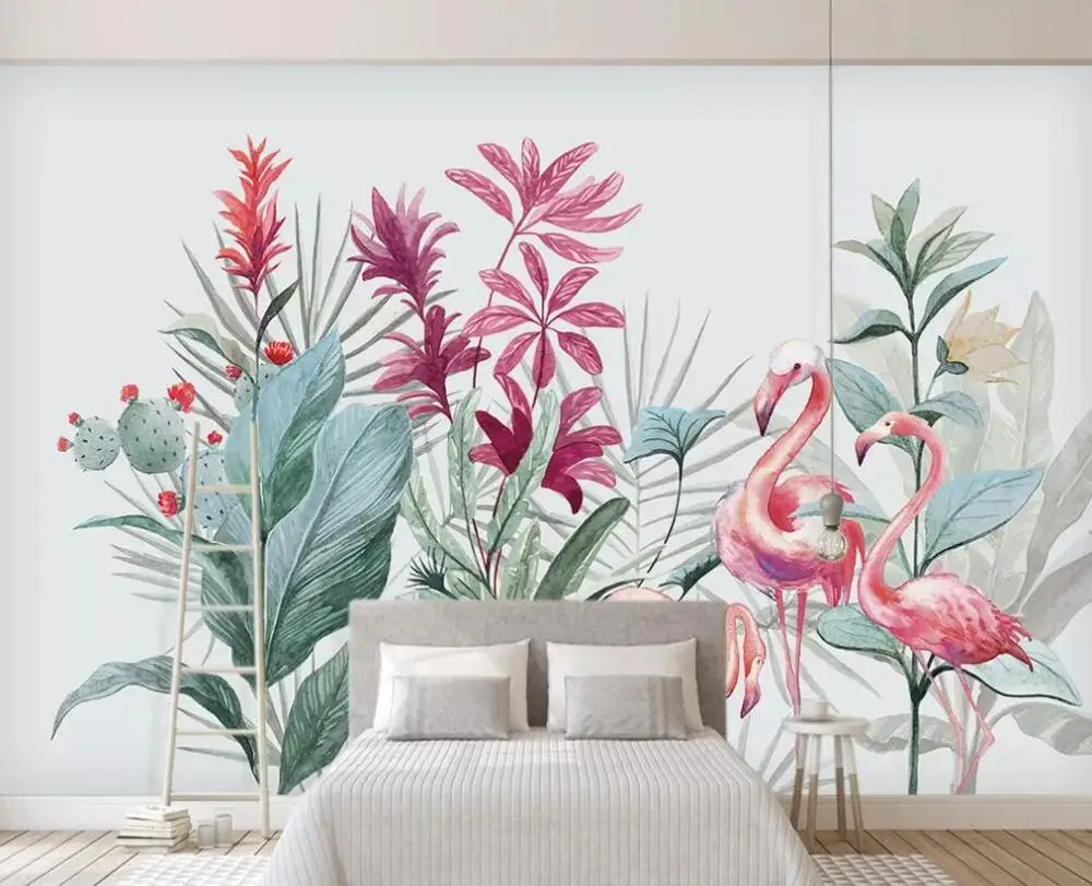 

Custom 3D mural wallpaper Nordic flamingo banana leaf background wall decoration painting