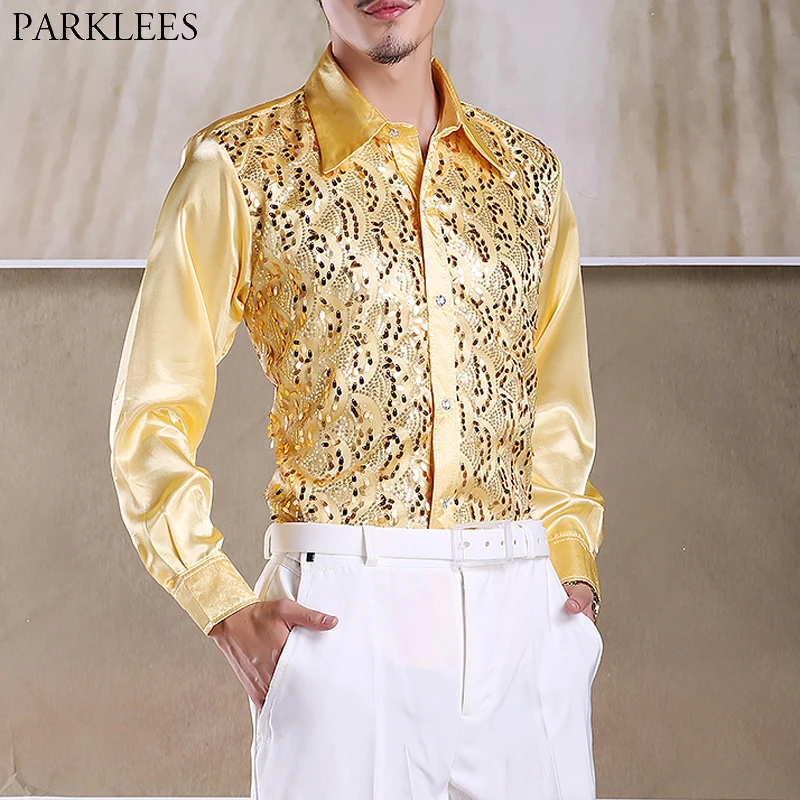 Mens Sequins Disco Shirts Long Sleeve Button Down Nightclub Party Top Mens Sequins Disco Shirts Long Sleeve Button Down Nightclub Party Top