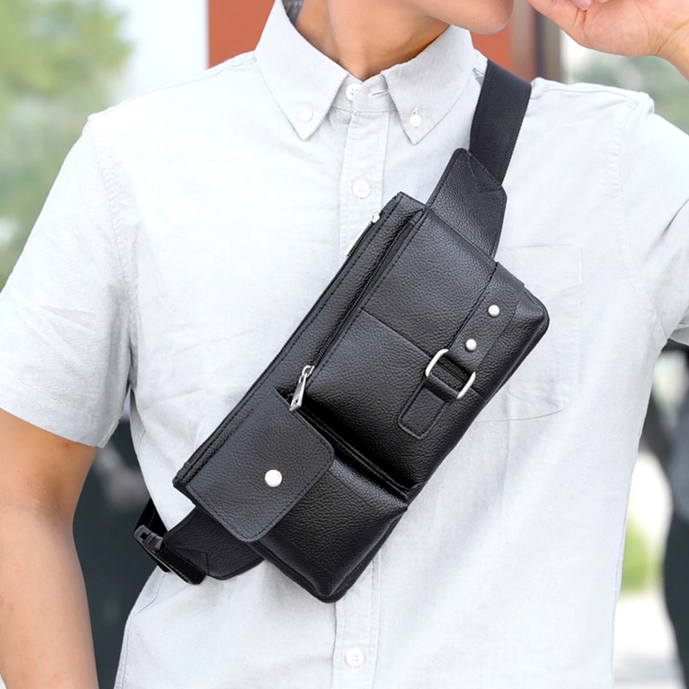 

Fashion Messenger Bag Leather Men Outdoor Sports Running PU Leather Waist Bags Messenger Student Men's Bags Multifunctional