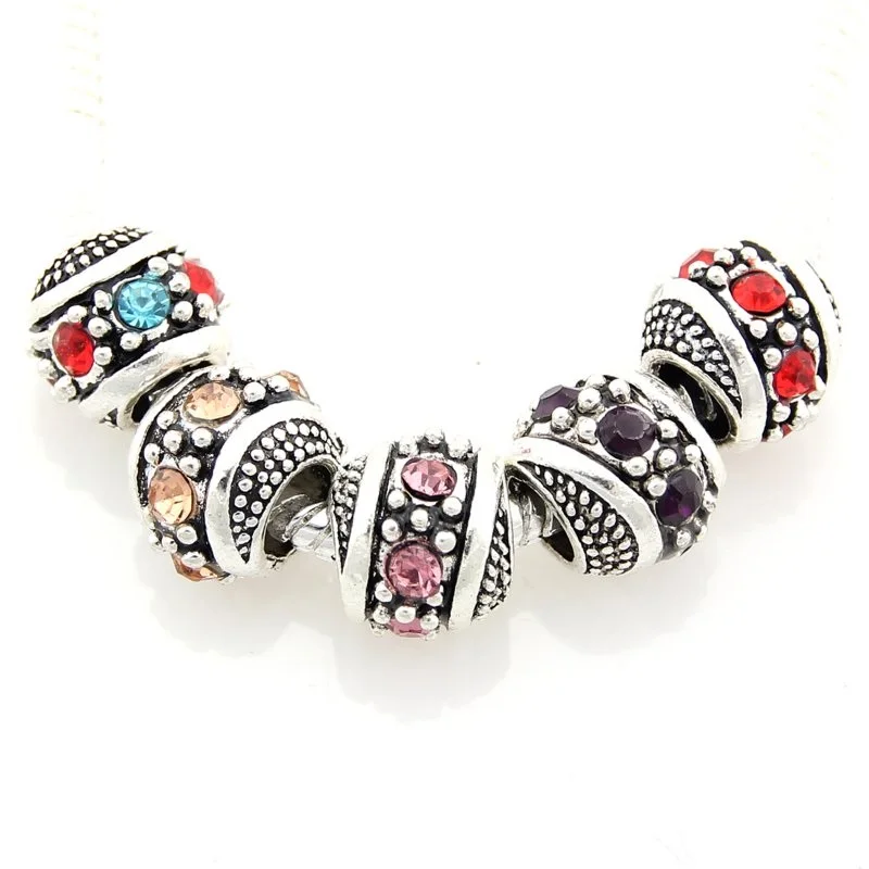 

20pcs /Lot Vintage Silver Color Mix Rhinestone Big Hole Beads Fit European Charm Bracelet Jewelry DIY EE49