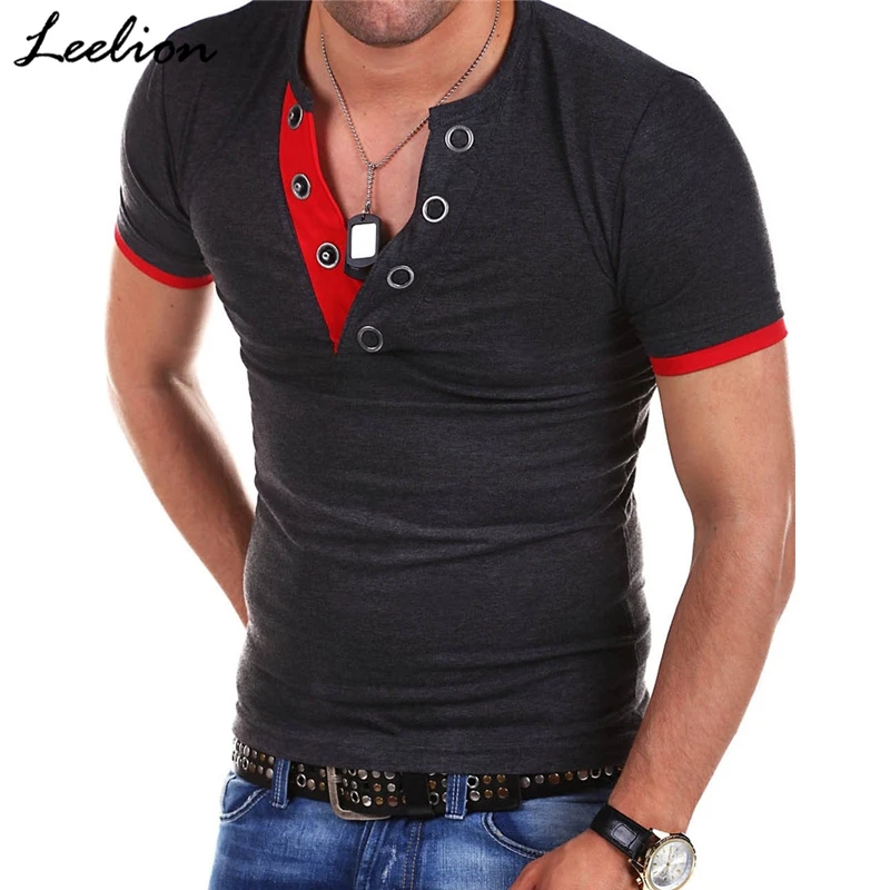 Achat IceLion 2019 D été T Shirt Hommes Bouton Col en V Manches Courtes T shirt Mode Frappé Couleur Slim Fit Marque hauts décontracté Fitness T shirt