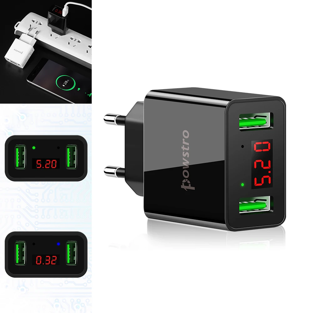 Powstro универсальное черное 2 USB порта настенное зарядное устройство Быстрая