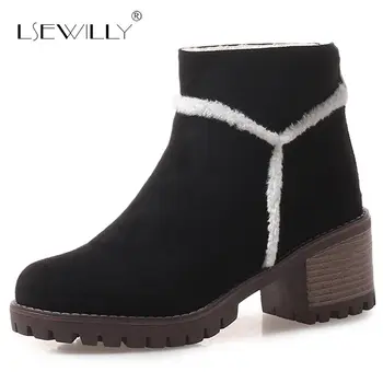 

Lsewilly 2018 fashion winter new women snow boots round toe ladies boots flock zipper square heel ankle boots plus size E146