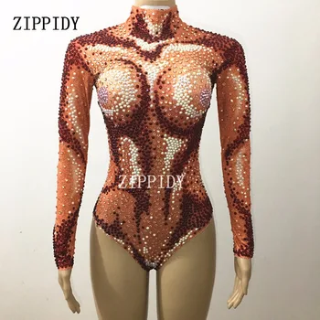 

Sparkly AB Beads Shining Rhinestones Orange Sexy Bodysuit Costume Nightclub Dj Female Singer Dance Leotard Big Stretch Outfit