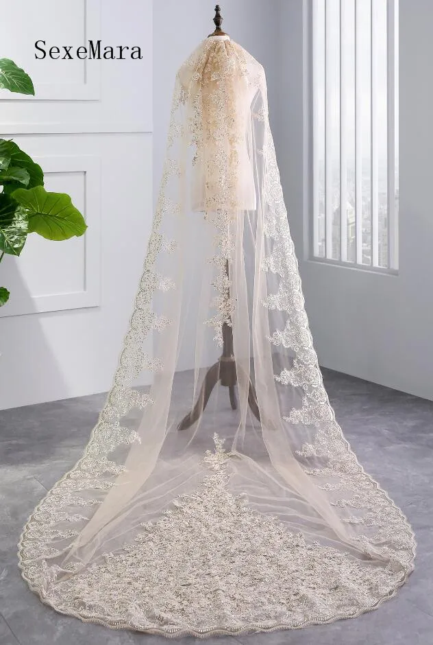 

Real Photos High Quality 3M Cathedral Shining Sequined Lace Wedding Veil with Comb New Bridal Veil
