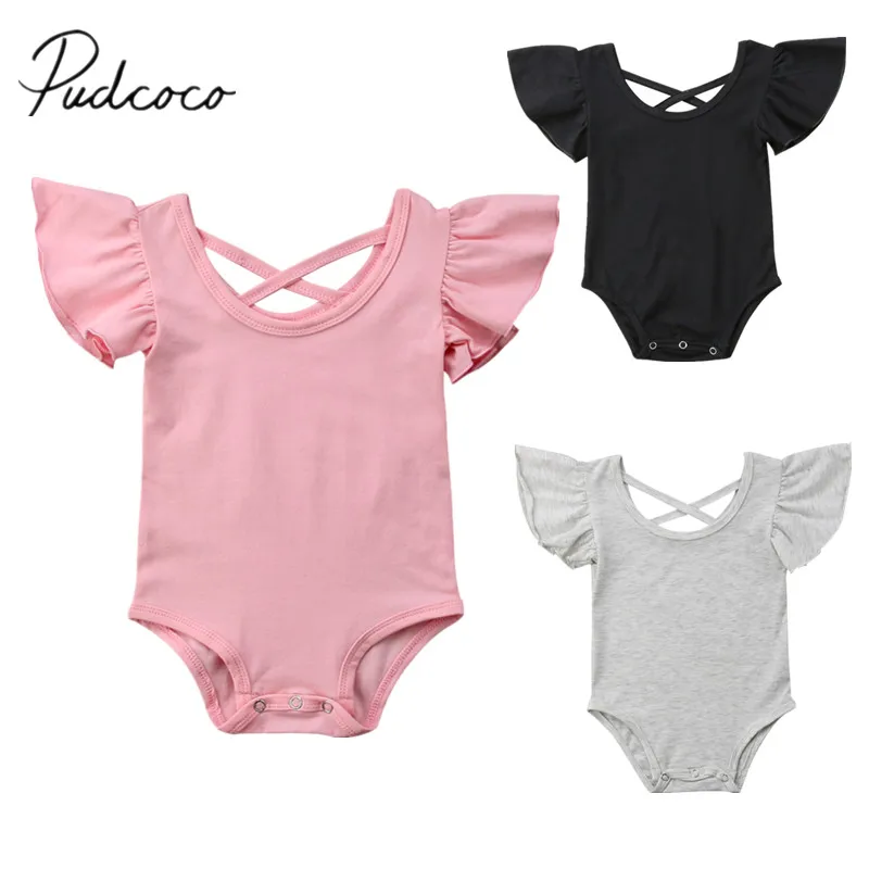 

2018 Brand New Newborn Infant Toddler Baby Girls Jumpsuit Bodysuit Cotton Outfits Ruffled Sleveless Sunsuit Solid Playsuit 0-24M