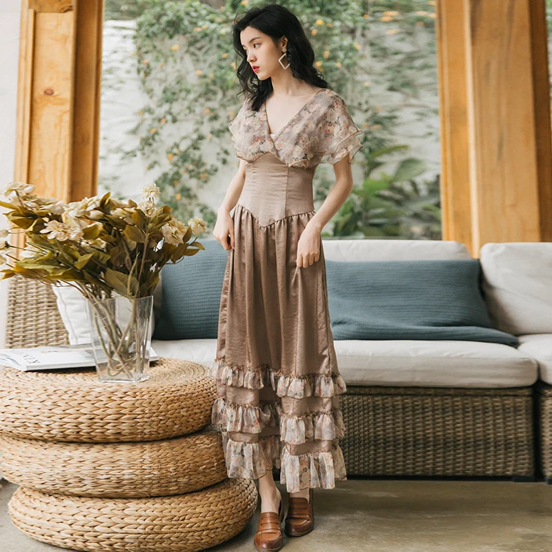 

High Quality 2019 Summer New Arrival V Collar Flower Printed Flare Sleeve Woman Chiffon Long Dress
