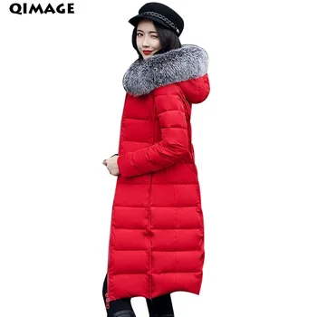

QIMAGE Silm Women Long Parka 2017 Fashion Ladies Winter Coat Big Size Fur Collar Cotton Wadded Jackets Coat Warm Outerwear M-3XL
