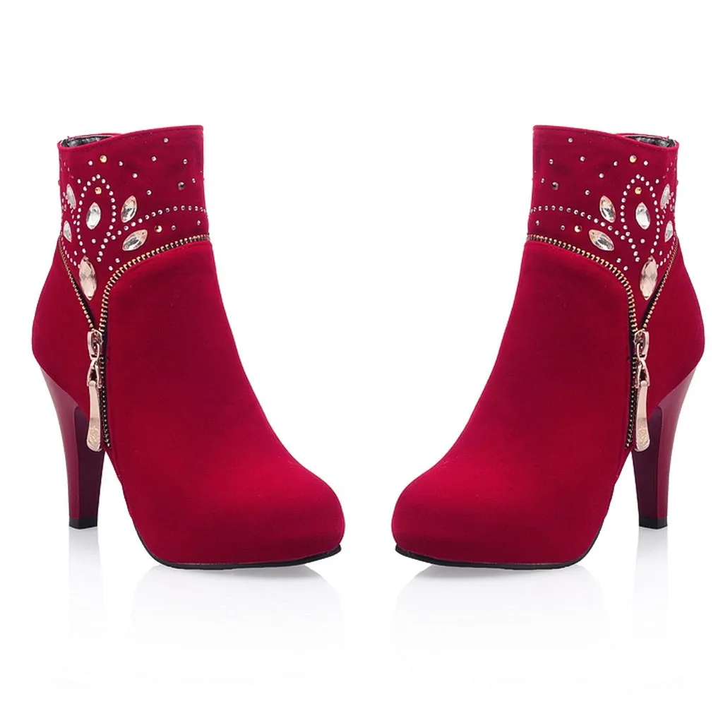 Женские ботинки на высоком каблуке с кристаллами; коллекция года; красные ботильоны для женщин из флока на молнии; ботинки на платформе с круглым носком; Botines Mujer