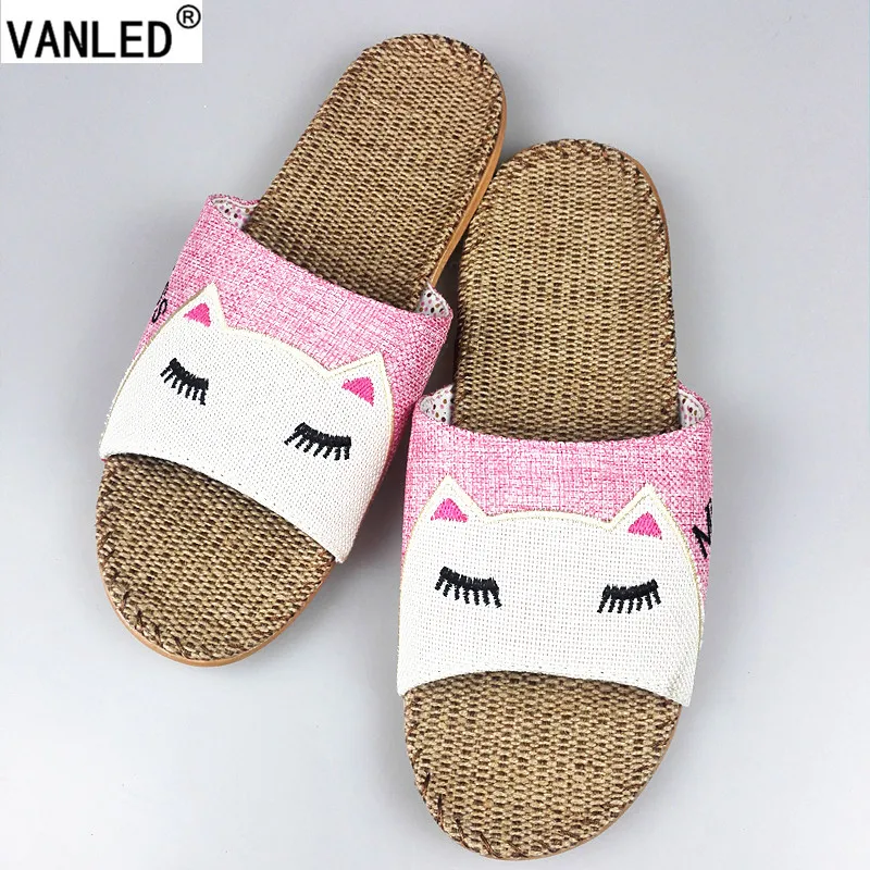 VANLED New Summer Animal Cat Miss Printed Home Linen Slippers Women Indoor Floor Non slip Beach