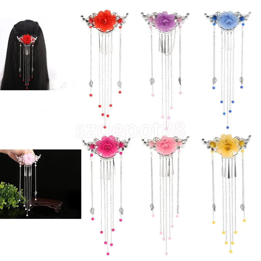 

Women Wedding Party Classical Hair Barrette Clips Vintage Long Tassel Beads Flower Hair Pin