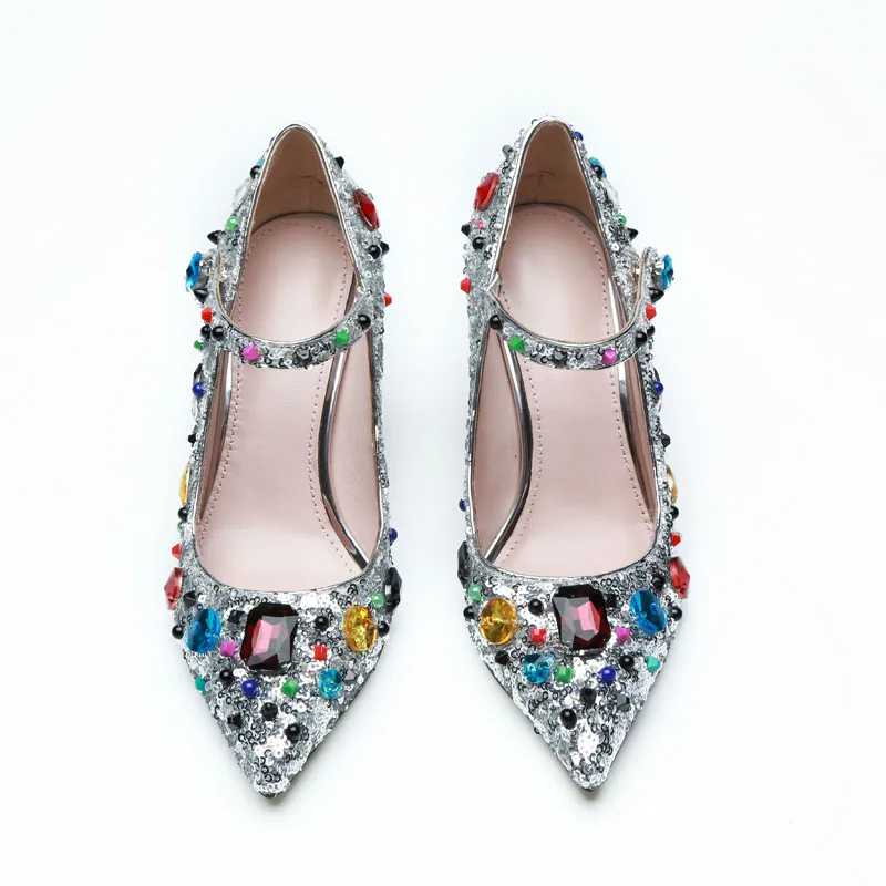 

Hot 2018 Shoes Woman Bling Sequin Mary Janes Pumps High Heels Pointed Toe Pumps Design Party Wedding Mujer Pumps Plus Size Shoes