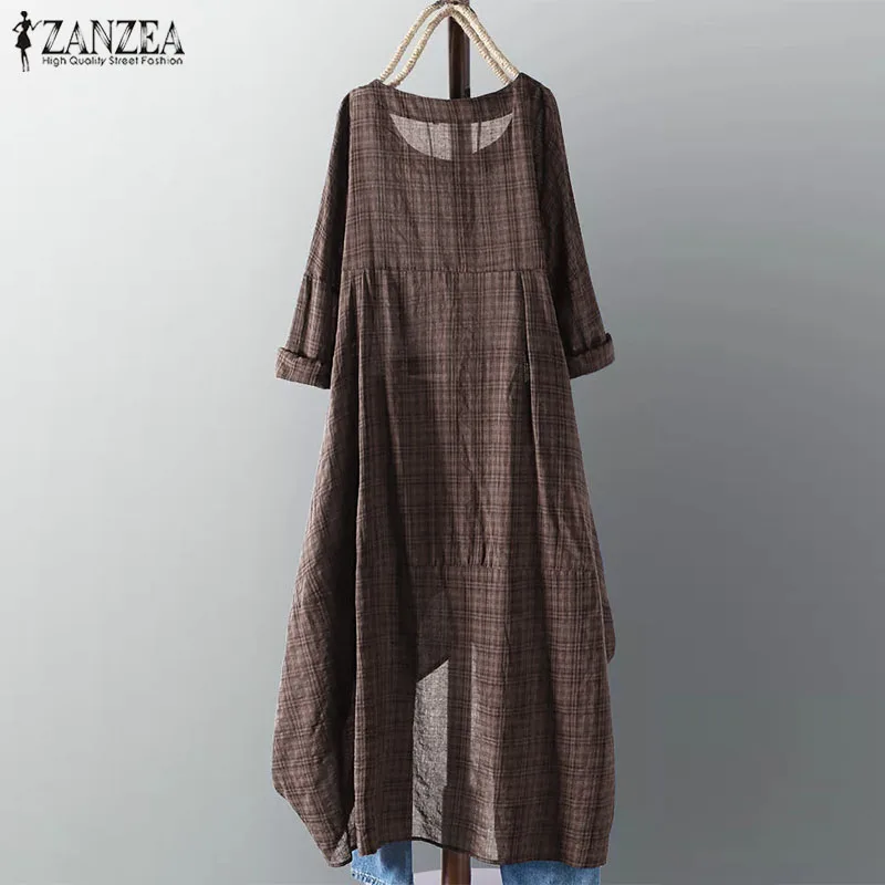 ZANZEA асимметричное платье миди, женское клетчатое платье, женское клетчатое платье с длинным рукавом, vestidos, летний сарафан, Повседневная рубашка, халат 5XL
