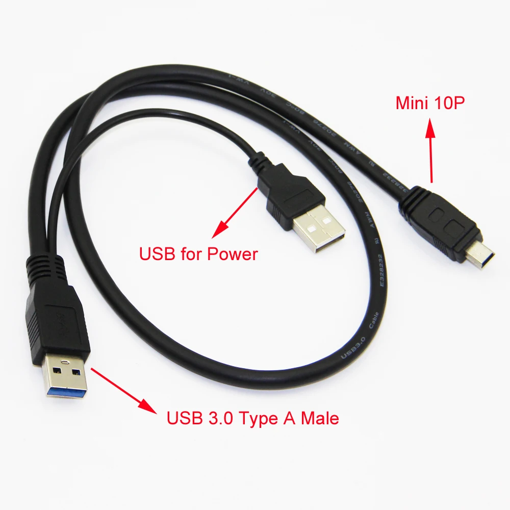 

Bochara USB 3.0 Type A With USB Power Supply To Mini 10Pin Cable Y Splitter 2 in1 Data Cable For HDD 60cm 100cm