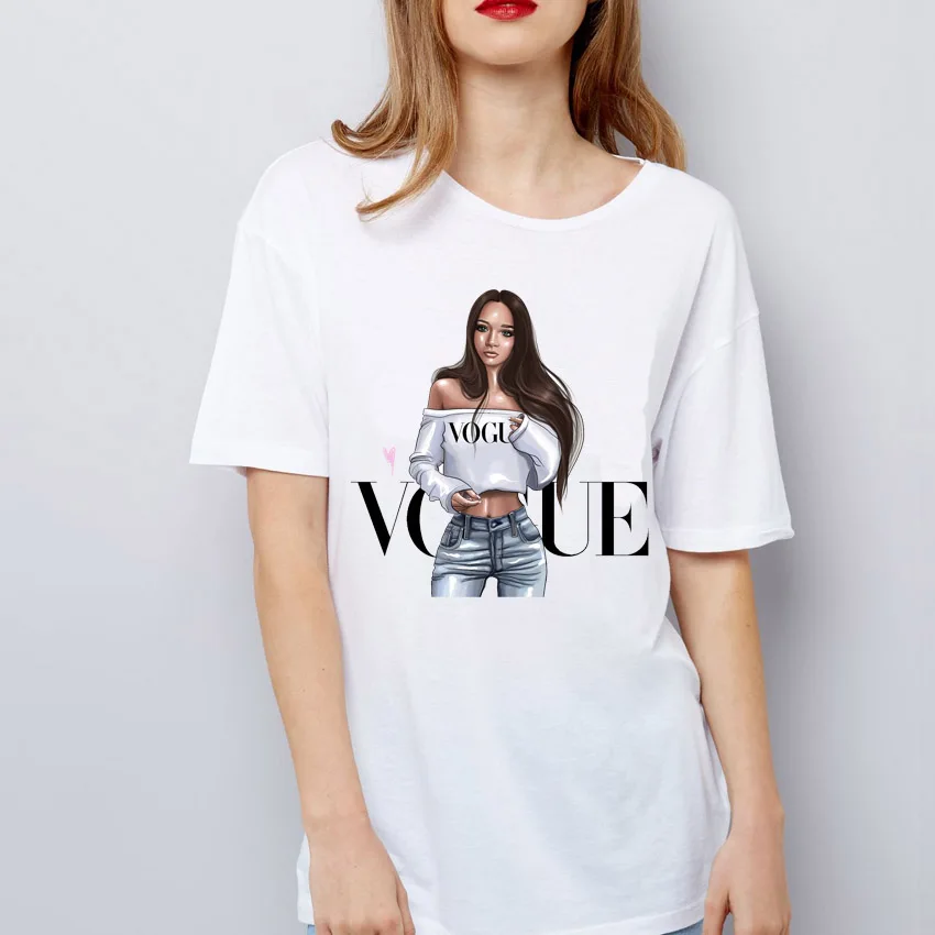 

New VOGUE Girl Print T-Shirts 2019 Summer Casual Coffee printting tshirt Tops Disney girl printed O-Neck t shirt Preppy Style