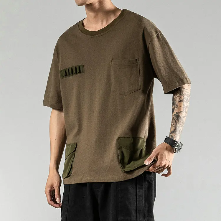 Летняя повседневная мужская футболка с карманами, мужские футболки с коротким рукавом, мужские футболки - Цвет: Армейский зеленый