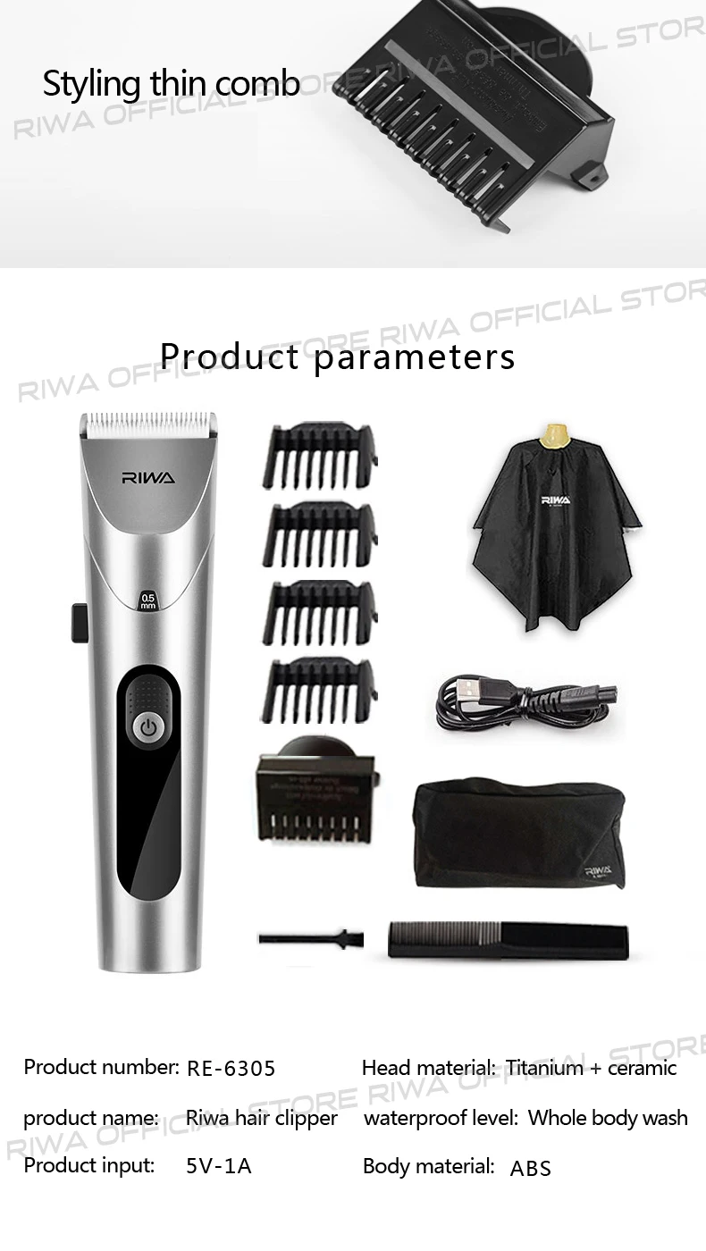 RIWA моющийся триммер для волос светодиодный перезаряжаемый Электрический Резак для волос Машинка для стрижки волос RE-6305