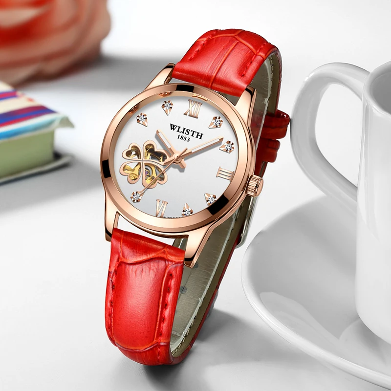

Luxury Women's Watch Rose Gold Round Heart Hollow Dial Leather Strap Luminous Waterproof Fashion Mechanical Watch For Women
