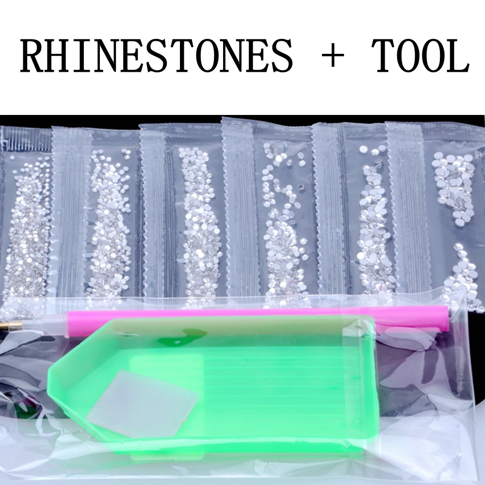 Nail Art Decoration 6G 1500PCS SS3-SS10 Crystal Rhinestones AB Flat Back Nail Rhinestone 3D Non HotFix DIY Tool Glass Manicure - Цвет: Clear Stone and Tool