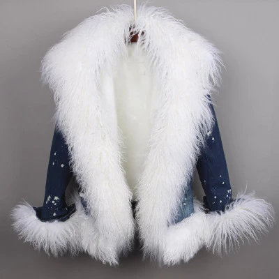 Пальто с натуральным мехом, зимняя куртка, женская джинсовая парка, воротник из натурального меха монгольской овцы, капюшон, Толстая теплая меховая подкладка, уличная одежда - Цвет: color 5
