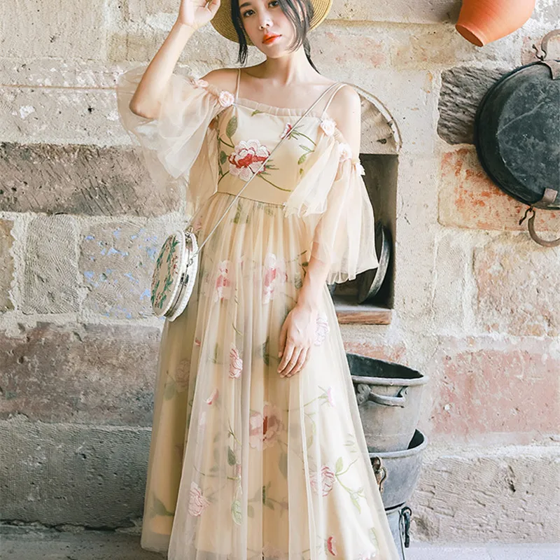 

Free Shipping 2018 Summer Fashion Mesh And Chiffon Dresses For Women Embroidery Spaghtti Strap Detachable Sleeve Mid-calf XS-L