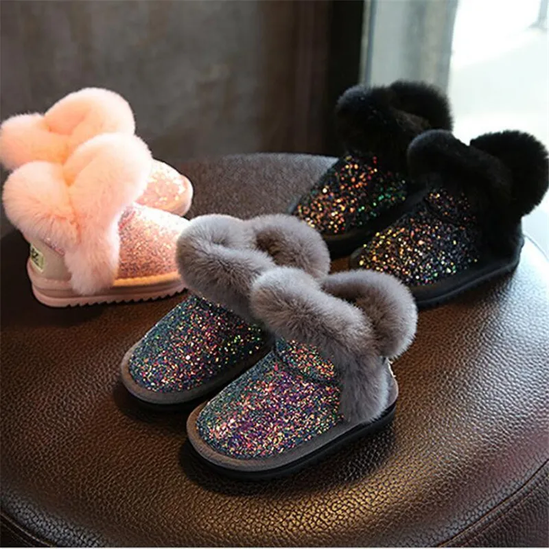 Детские зимние сапоги; хлопковая обувь; толстые зимние сапоги с кроличьим мехом для девочек; Детские теплые короткие сапоги; модная обувь с блестками для девочек