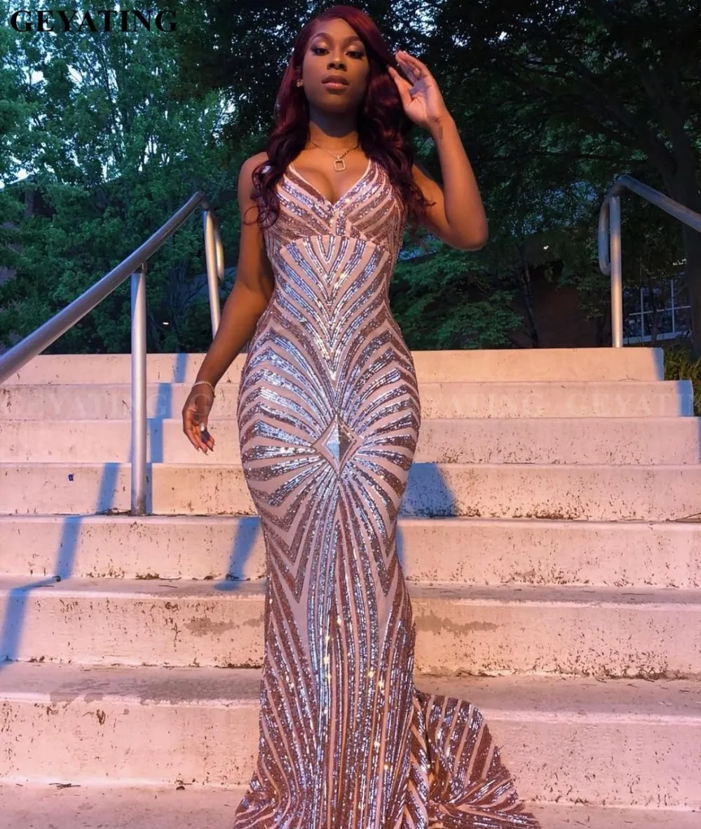 

Sparkly Sequin Backless Mermaid Rose Gold Prom Dresses 2019 Sexy Spaghetti Straps Backless Black Girls Graduation Formal Dress