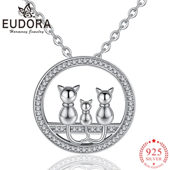 

Eudora Genuine 925 Sterling Silver Cat Family Pendant Necklaces Round Zircon Fashion Jewelry for Women Girls Gift Animal CYD390