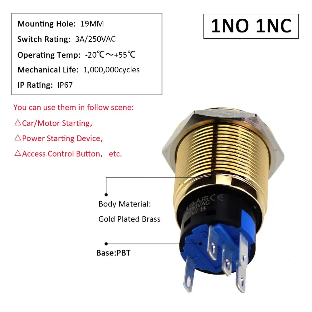 YUESHUN 19 мм позолоченный латунный с подсветкой кнопочные переключатели водонепроницаемый металлический светодиодный Выключатель без фиксации переключатели
