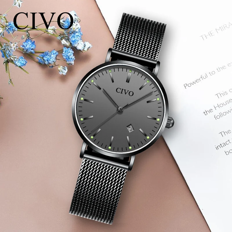 CIVO модные повседневные женские часы ультра-тонкие водонепроницаемые светящиеся стрелки женские часы черные стальные сетчатые наручные часы