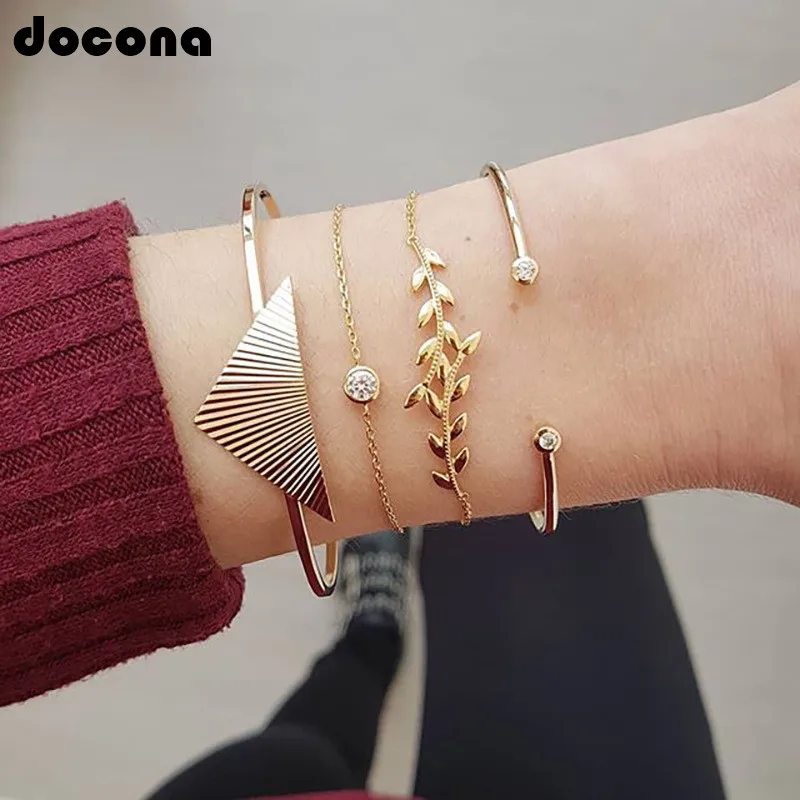 

Docona 4Pcs/Set Punk Large Triangle Gold Carved Leaf Cyrstal Gem Cuff Bracelet Bangle Set For Women Charm Paty Jewelry C05310