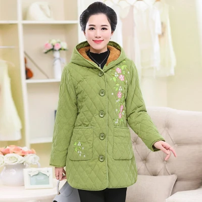 Новая женская одежда с вышивкой для мамы плюс бархатная куртка новая мода длинный рукав для среднего возраста толстое пальто с капюшоном парки H792 - Цвет: Autumn green