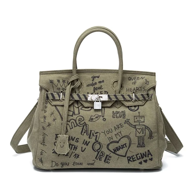 

Wholesale Large Capacity Totes Shoulder bag Women Military Green Canvas Bag Lock Platinum handbag Thicken Package Japanese style