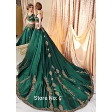 Nahen Osten Grün Zwei Stücke Abendkleider Gold Spitze appliques Brautkleider mit hofzug formale kleid vestido de festa