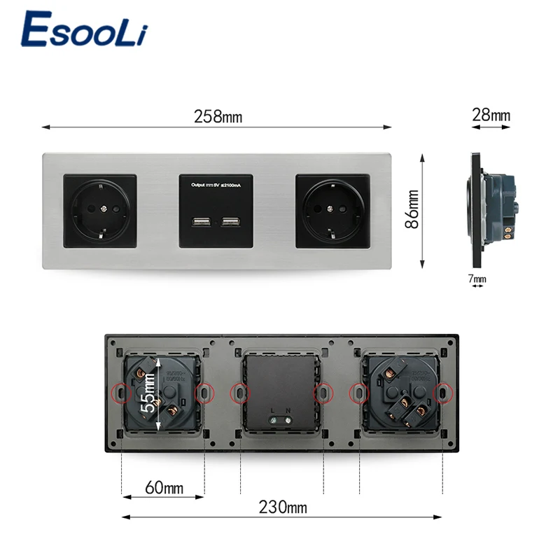 Esooli настенная панель из нержавеющей стали, двойная розетка 16А, европейская электрическая розетка, двойной USB, умный зарядный порт, 5 В, 2 А, выход, черный