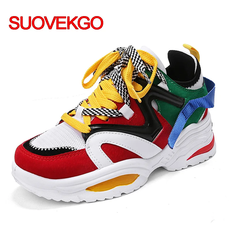 

SUOVEKGO 2019 INS Fashion Color Block Comfortable Women Dad Chunky Sneakers Flat Thick Sole Increase High Shoes